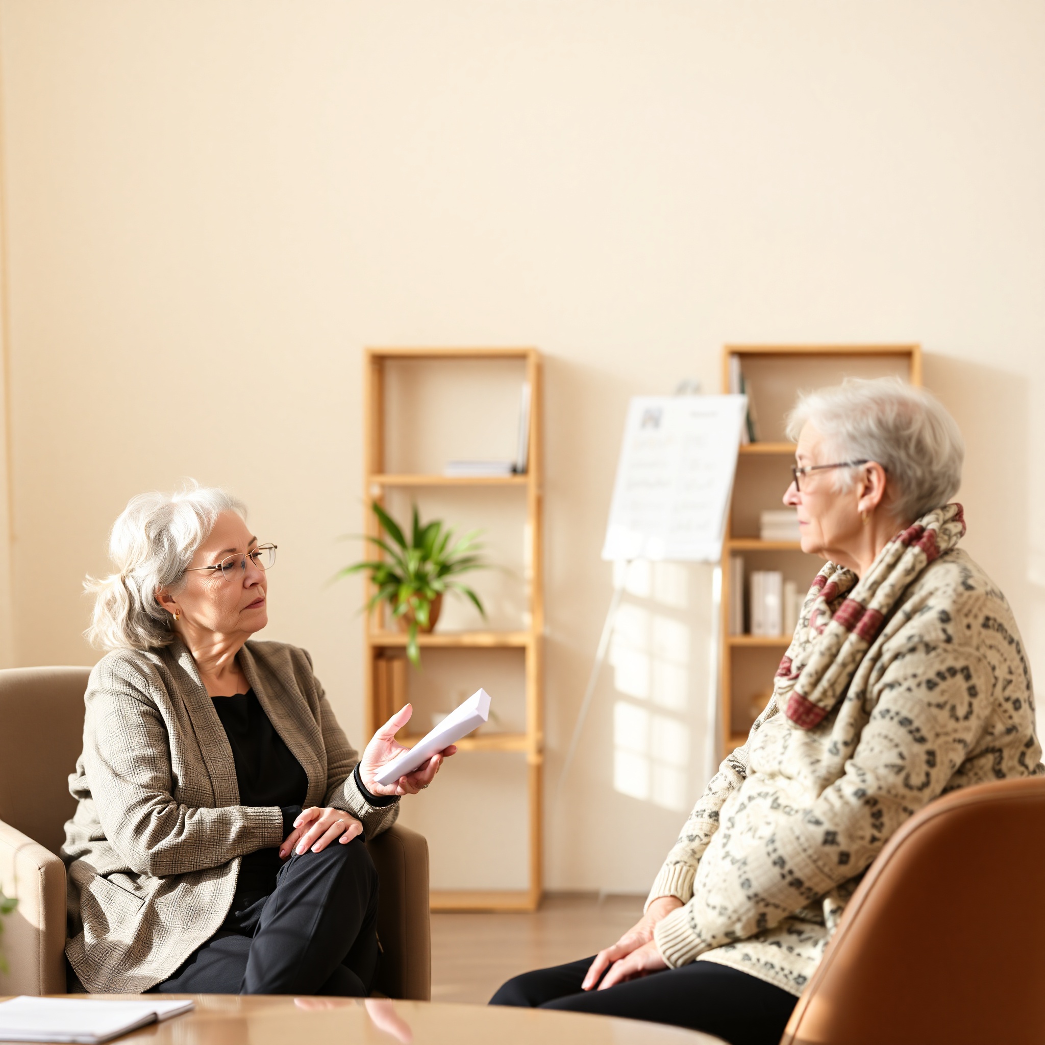 Консультант объясняет социальные программы пожилому клиенту