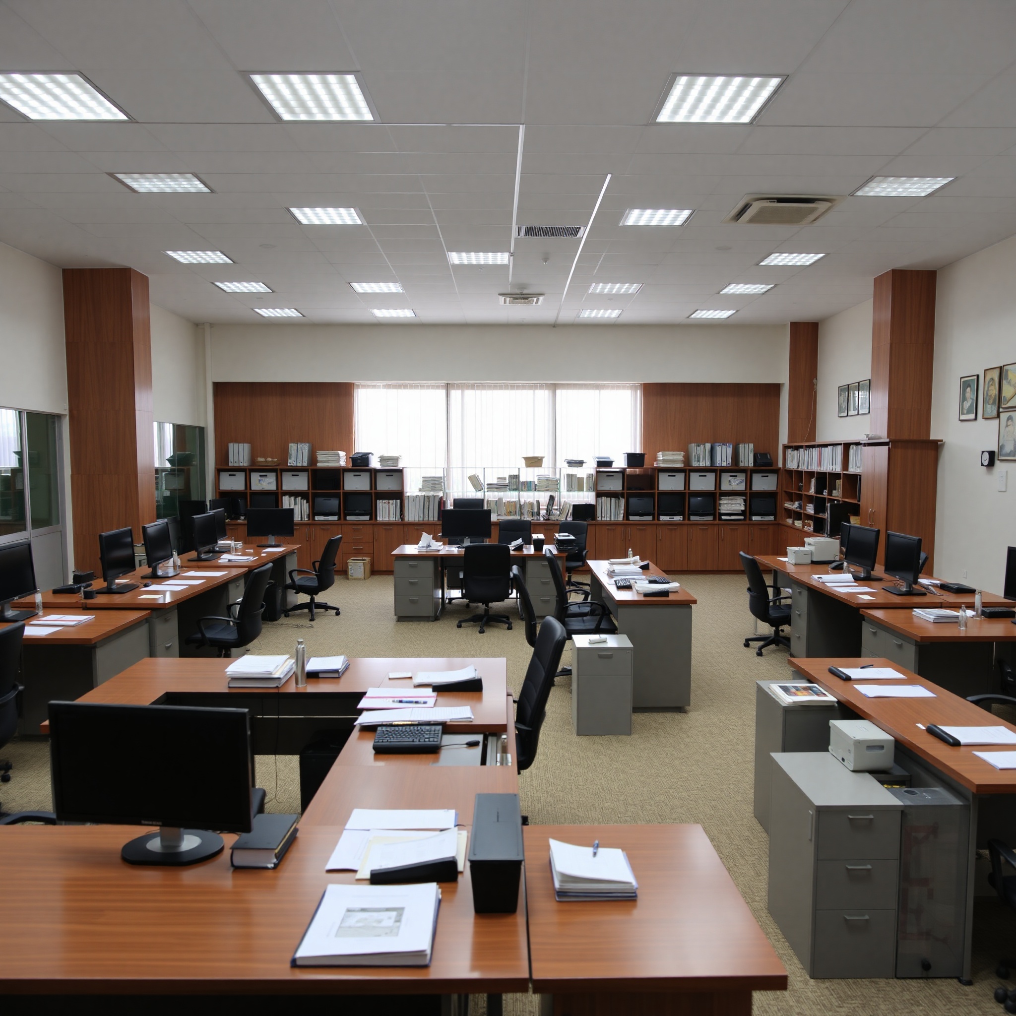 Профессиональное фото офиса государственного учреждения с документами и компьютерами