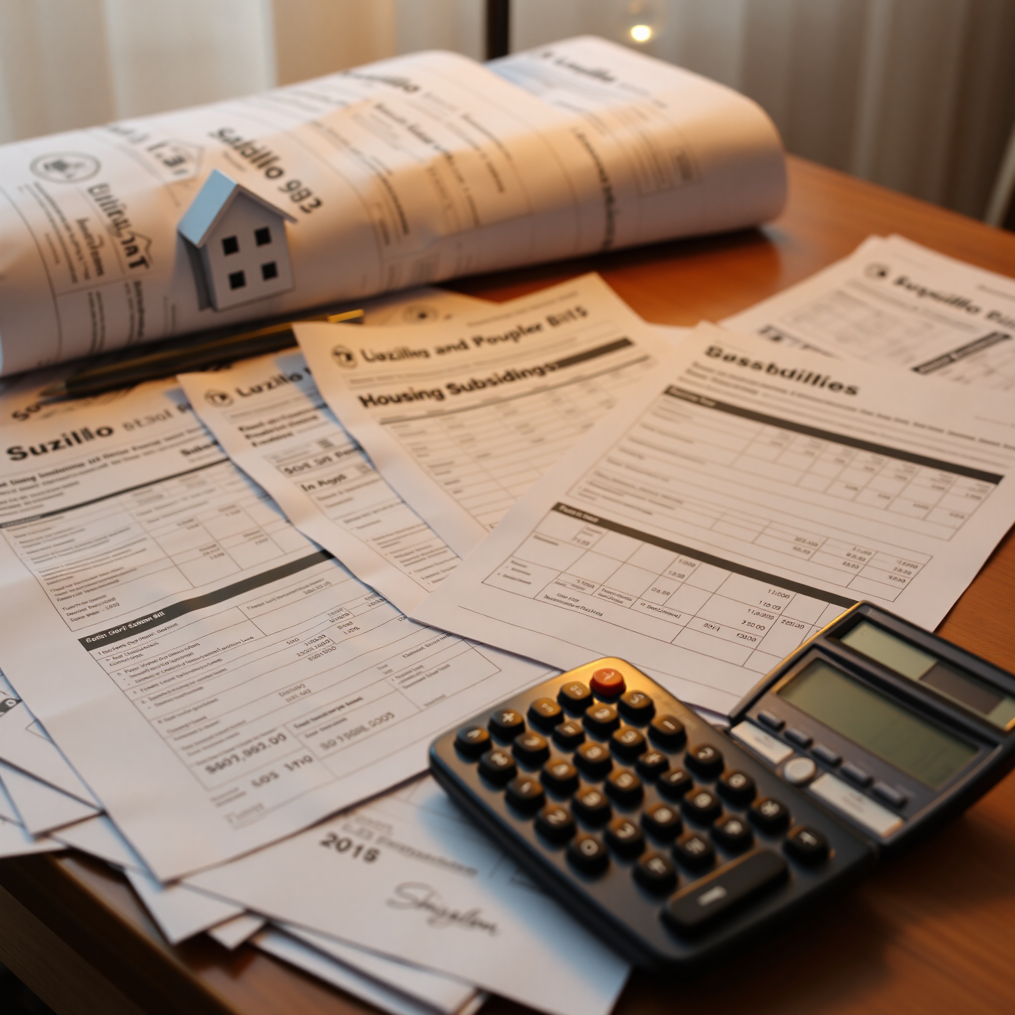 Счета за коммунальные услуги и жилищные документы на столе, символизирующие жилищную помощь