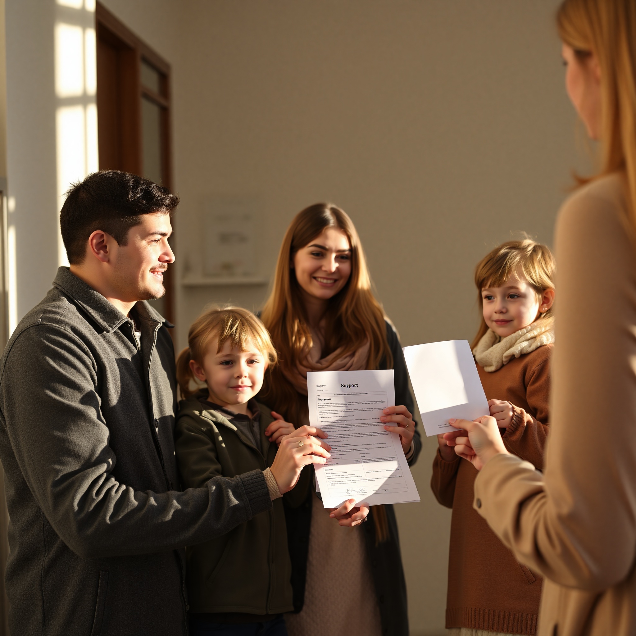 Семья с детьми получает поддержку в государственном учреждении, счастливые лица родителей